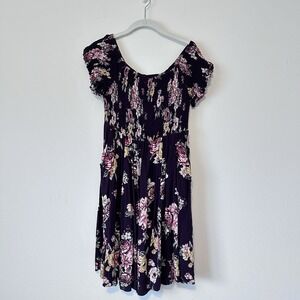 Torrid Ruffled Size 1 Smocked Dress Babydoll Plus Size Burgundy Floral Pockets